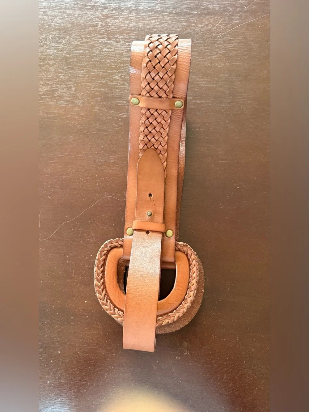 Braided Tan Leather Belt with Brass Accents